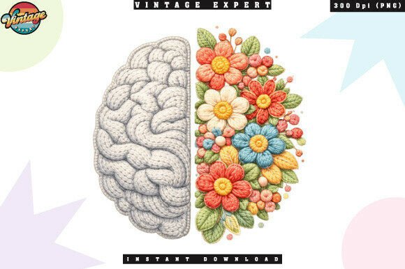 Artistic Floral Brain Crochet Yarn PNG: Merging Anatomy and Botany in Digital Design
